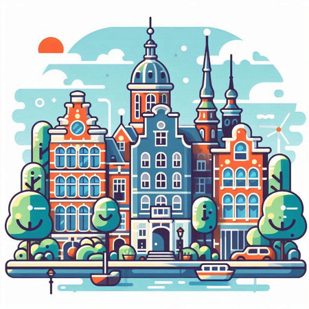 Amsterdam city. Netherlands. Colorful vector illustration in flat styleのイラスト素材