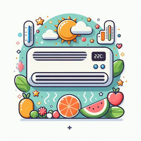 Air conditioner, thermometer, fruits and sun, vector illustration.のイラスト素材