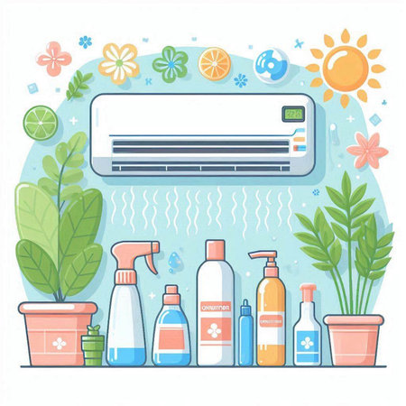 Illustration of air conditioner, air conditioner, sunflowers and other cleaning products.のイラスト素材