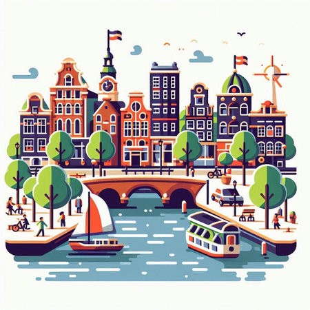 Amsterdam, Netherlands. Vector illustration in flat style. Traveling around the city.のイラスト素材