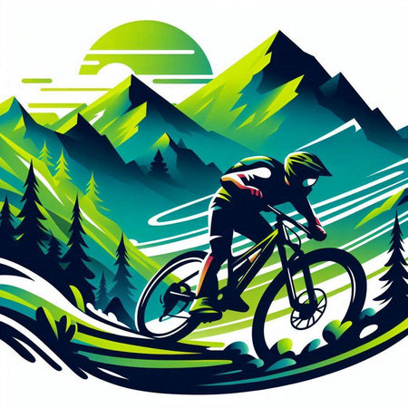 mountain biker on the background of the mountains, vector illustrationのイラスト素材