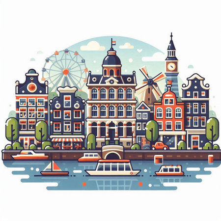 Amsterdam cityscape in flat style, Holland, Netherlands. Vector illustrationのイラスト素材