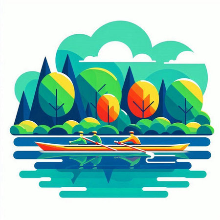 Kayaking on the lake in the autumn forest. Vector illustration.のイラスト素材