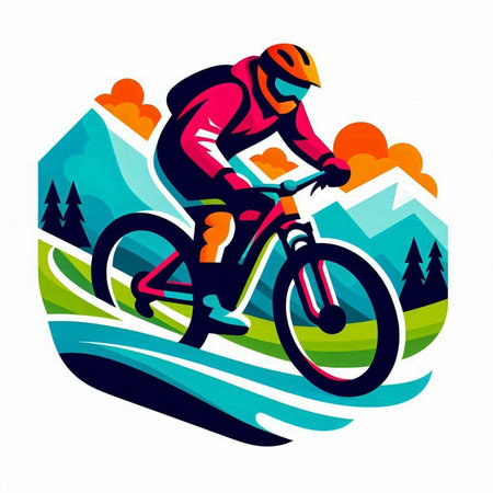 Cyclist Riding the Bike in the Mountains, extreme sport vector illustrationのイラスト素材