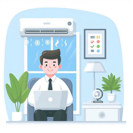 Vector illustration of a man working at home with a laptop and air conditionerのイラスト素材