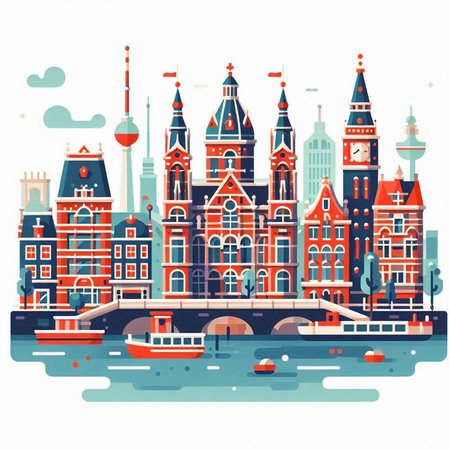 Amsterdam, Netherlands. Vector illustration in flat style on white backgroundのイラスト素材