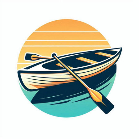 Vector image of a wooden rowing boat on the background of the sunのイラスト素材
