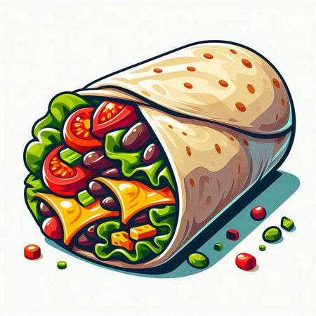 Vector illustration of a roll of burritos with vegetables and sauceのイラスト素材