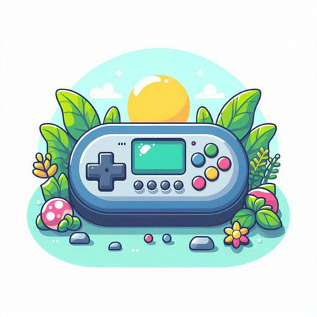 Gamepad with colorful flowers on white background. Vector cartoon illustration.のイラスト素材