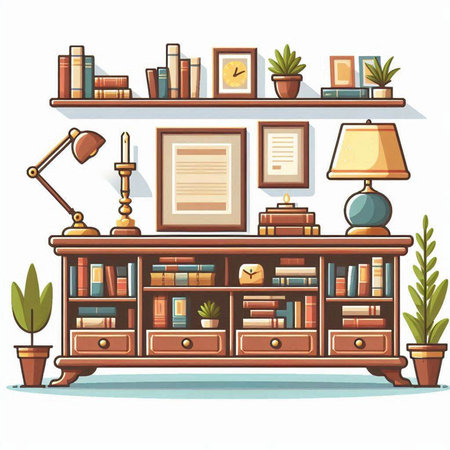 Bookshelf with books and lamps. Vector illustration in cartoon styleのイラスト素材