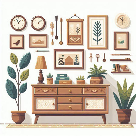 Vector illustration of a room interior with furniture, bookshelf, lamps, plants, clocks and other items.のイラスト素材