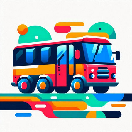 Bus on the road, vector illustration. Colorful bus on the road.のイラスト素材