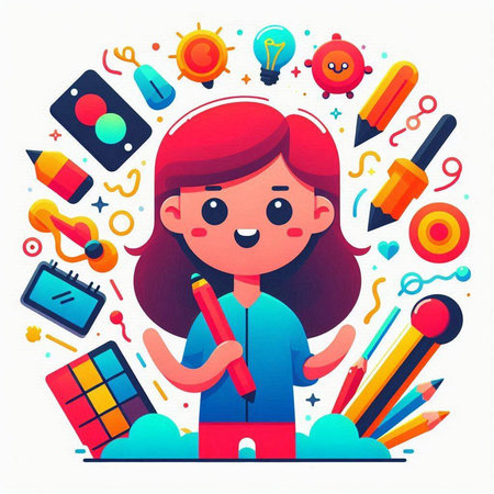 Cute little girl with pencil and school supplies. Vector illustration.のイラスト素材