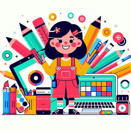 Cute little girl with school supplies. Vector illustration in cartoon styleのイラスト素材