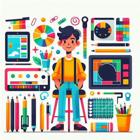 Vector illustration of schoolboy sitting on the chair in front of school suppliesのイラスト素材