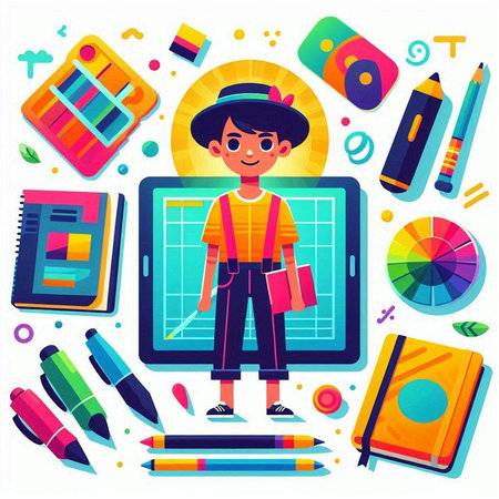 Vector illustration of schoolboy with tablet computer, books, pencils, erasers and notebooks. Back to school concept.のイラスト素材