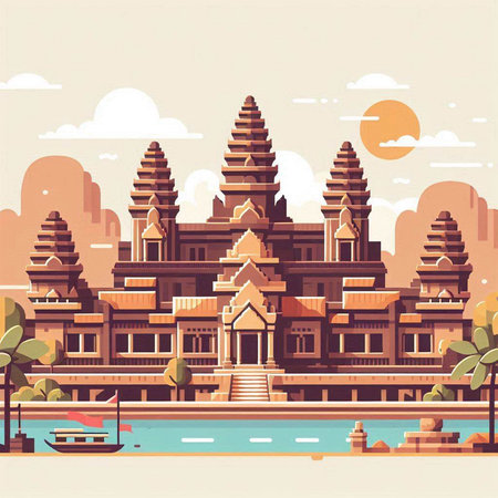 Buddhist temple in the city. Vector illustration in retro styleのイラスト素材