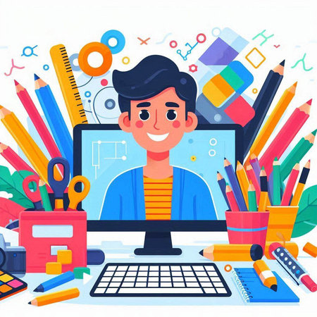 Distance learning online education concept. Schoolboy doing school homework on computer screen. Vector illustrationのイラスト素材