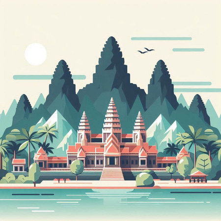 Thai temple on the beach. Vector illustration in flat style.のイラスト素材