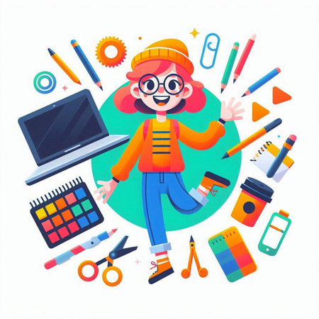 Cute cartoon girl with school supplies. Vector illustration in a flat style.のイラスト素材