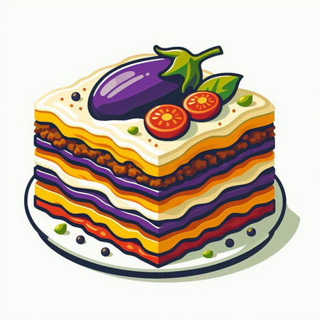 Illustration of a layered lasagna with eggplant, tomato and basilのイラスト素材