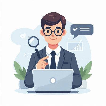 Businessman with laptop and magnifying glass. Vector illustration in cartoon styleのイラスト素材