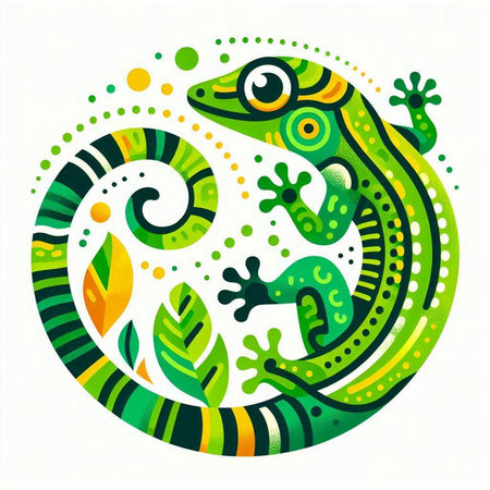 Green chameleon on the background of tropical leaves. Vector illustration.のイラスト素材