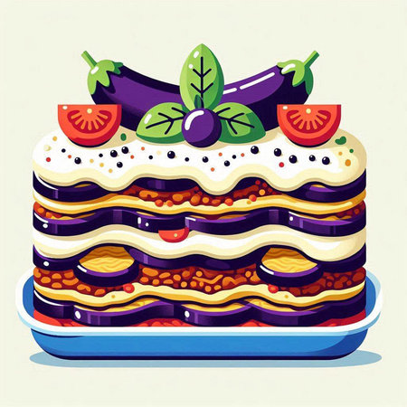 Vegetable cake with eggplant and tomato. Vector illustration.のイラスト素材