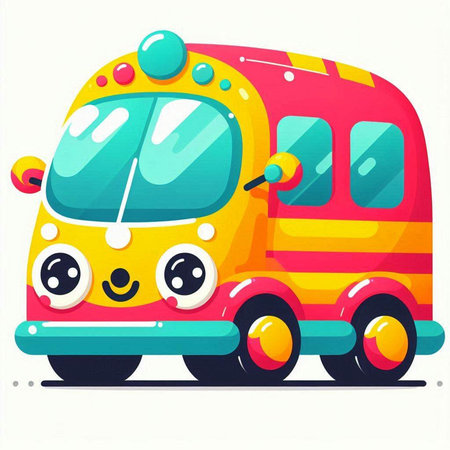 Cartoon school bus with eyes and mouth. Colorful vector illustration.のイラスト素材