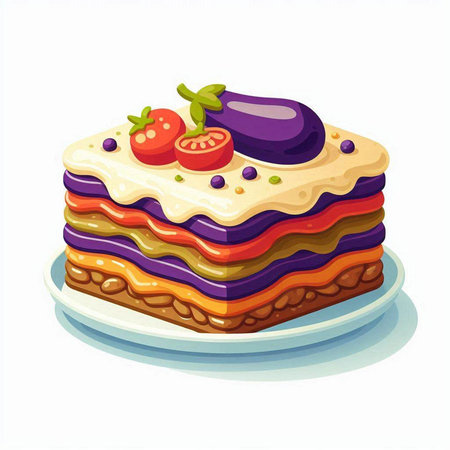 Illustration of a piece of cake with eggplant and cherry tomatoのイラスト素材
