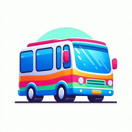 Colorful cartoon bus on the road. Vector illustration in flat styleのイラスト素材
