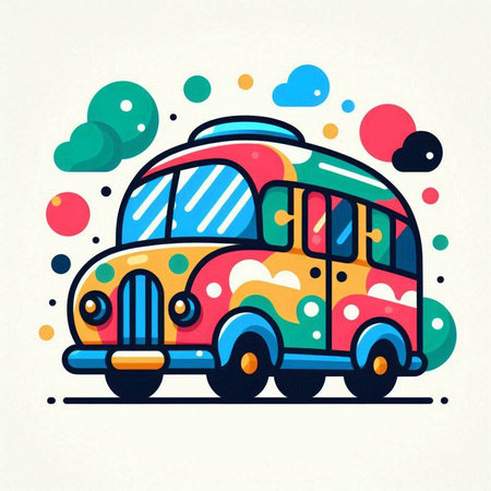 Vector illustration of a colorful bus on a white background with colorful circles.のイラスト素材