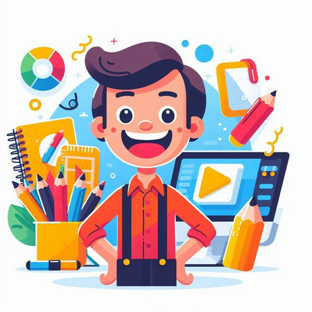 Cartoon boy with school supplies. Vector illustration in a flat styleのイラスト素材