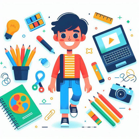 Boy with school supplies. Back to school concept. Vector illustration.のイラスト素材