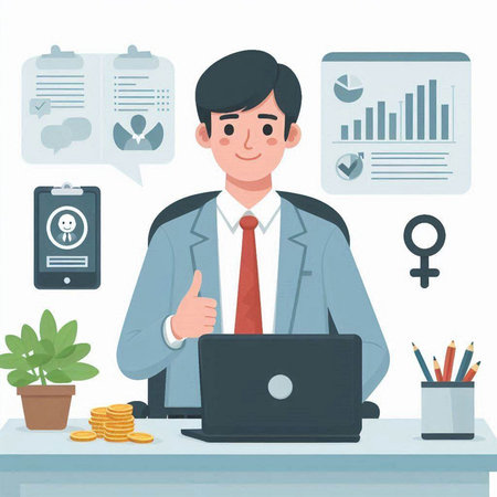 Businessman working in office with laptop. Vector illustration in flat styleのイラスト素材