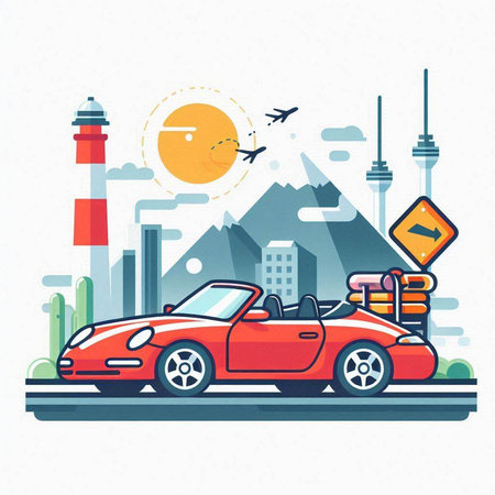 Traveling by car in the city. Vector illustration in flat styleのイラスト素材