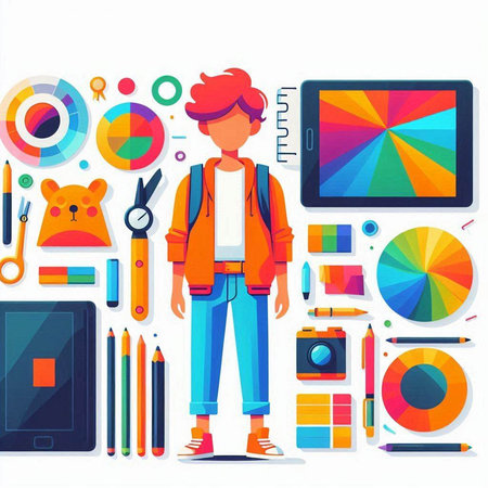 Vector illustration of a young man with a backpack standing in front of a set of colorful graphic elements.のイラスト素材