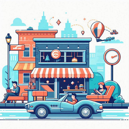 Vector illustration of a cafe on the street with people and cars.のイラスト素材
