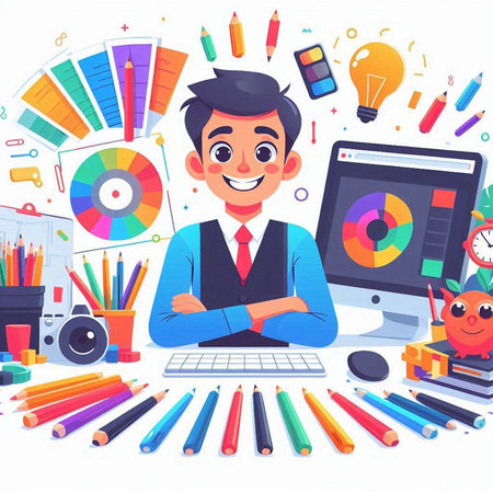 Cartoon man working at office desk with computer and colorful stationery.のイラスト素材