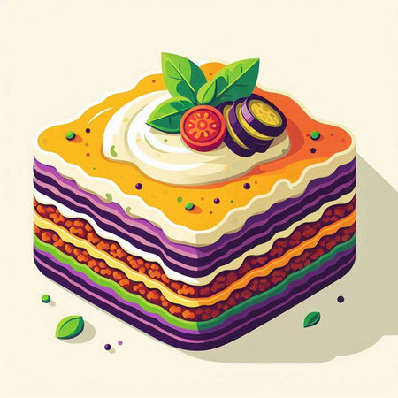 Illustration of a colorful layered cake with cream and eggplant.のイラスト素材