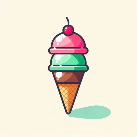Ice cream in a waffle cone with a cherry. Vector illustrationのイラスト素材