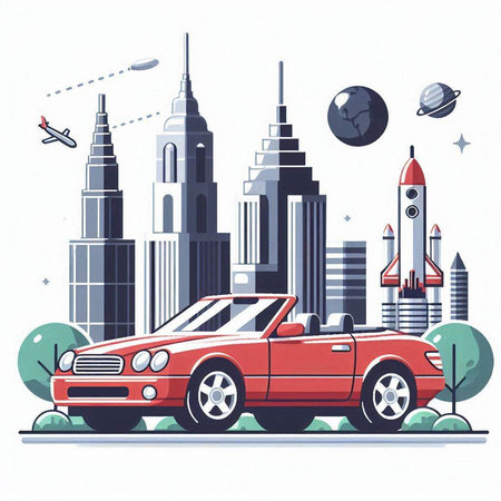 Retro car on the background of the city. Vector illustration.のイラスト素材