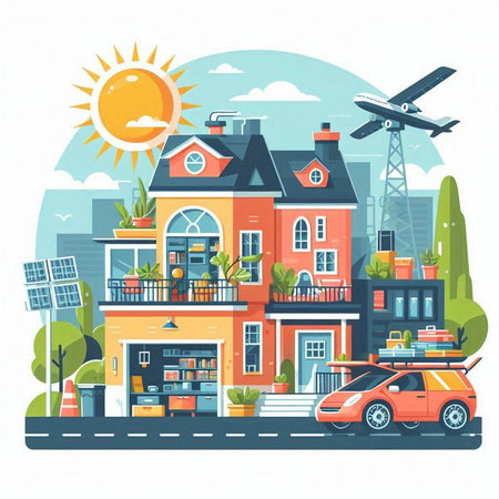 Vector illustration of a cityscape with a house, cars, books, sun and an airplane.のイラスト素材
