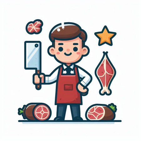 Butcher with meat and vegetables. Vector illustration in cartoon style.のイラスト素材