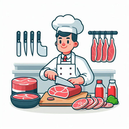 Butcher cutting meat. Vector illustration in cartoon style on white background.のイラスト素材