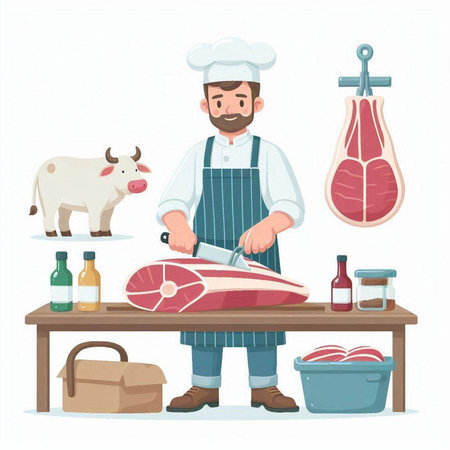 Butcher in apron cutting meat. Vector illustration in cartoon styleのイラスト素材
