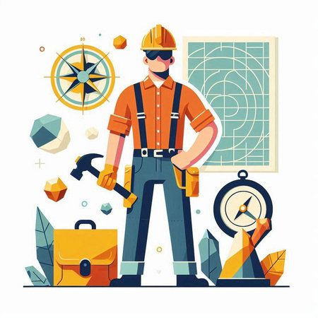 Engineer with tools. Vector illustration in flat cartoon style. Construction industry.のイラスト素材