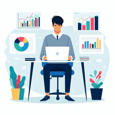 Businessman working with laptop at office. Flat style vector illustration.のイラスト素材