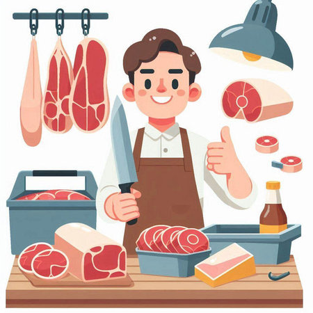 Butcher in apron and apron cooking meat products. Vector illustrationのイラスト素材