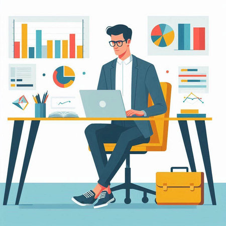 Businessman working on laptop in office. Vector illustration in flat styleのイラスト素材